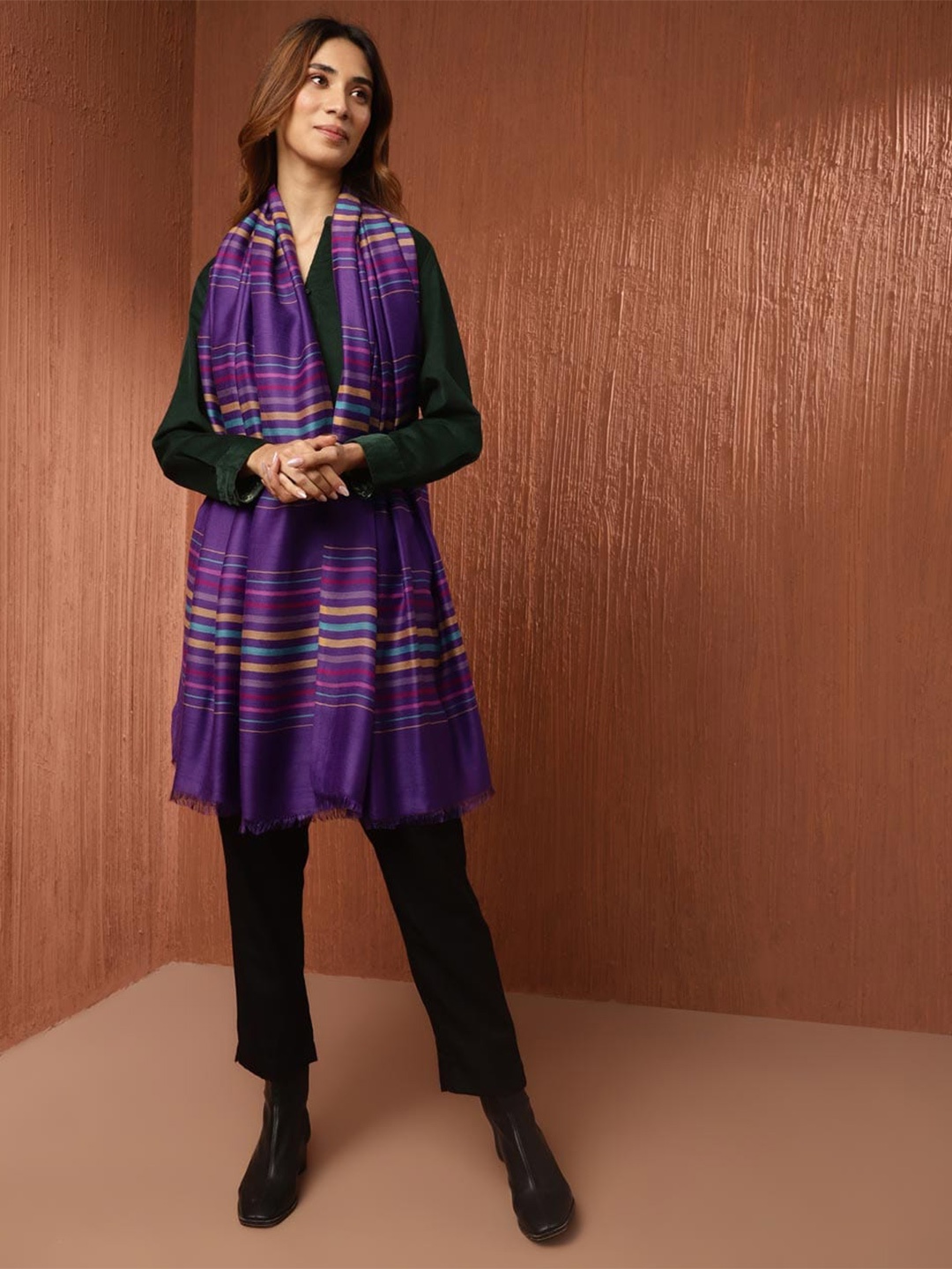 

Fabindia Woven Design Striped Stole, Purple