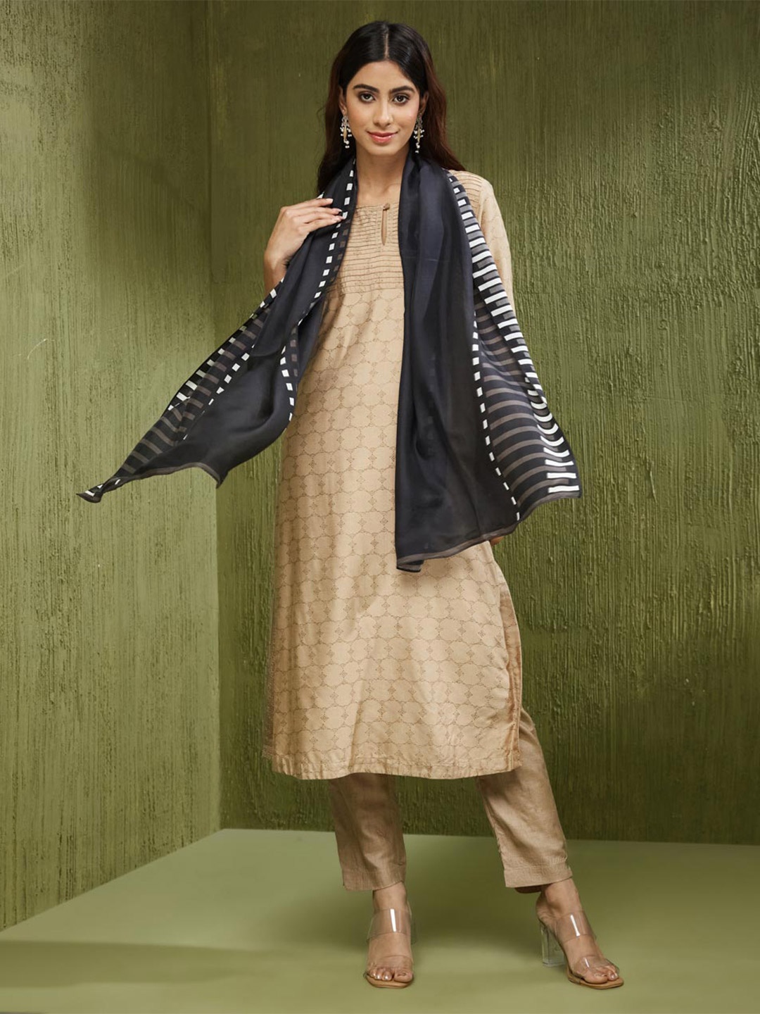 

Fabindia Striped Silk Stole, Black