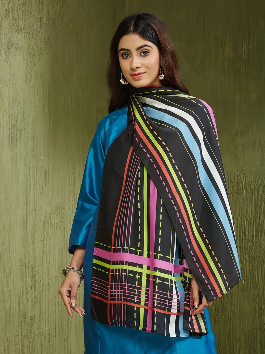 

Fabindia Striped Silk Stole, Black