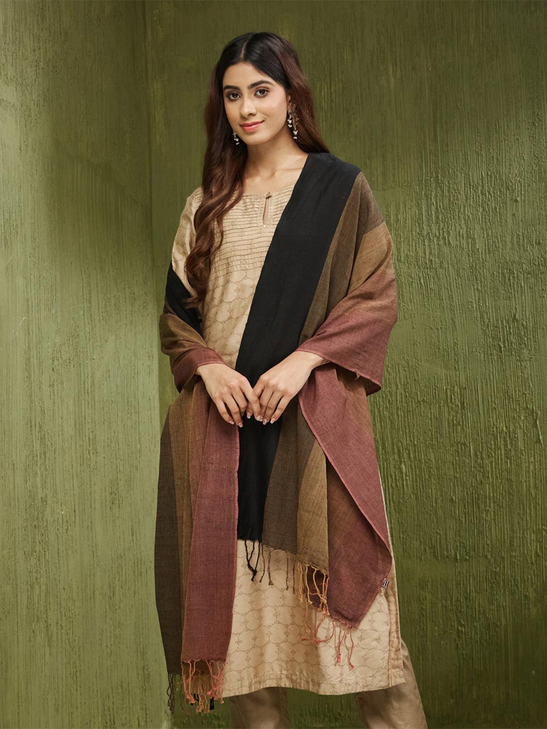 

Fabindia Striped Stole With Tasselle, Black