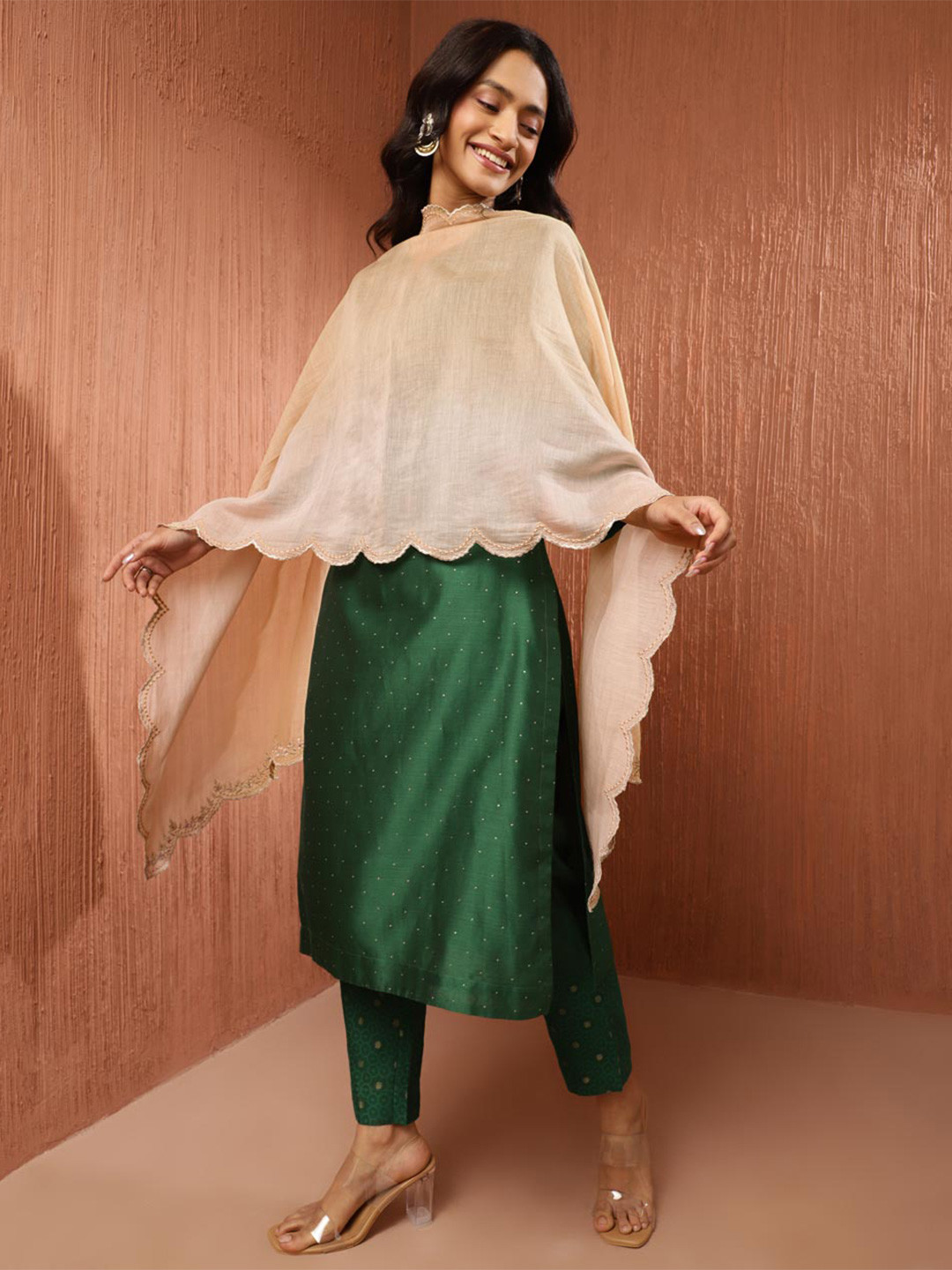 

Fabindia Cotton Silk Scalloped Edge Dupatta, Beige