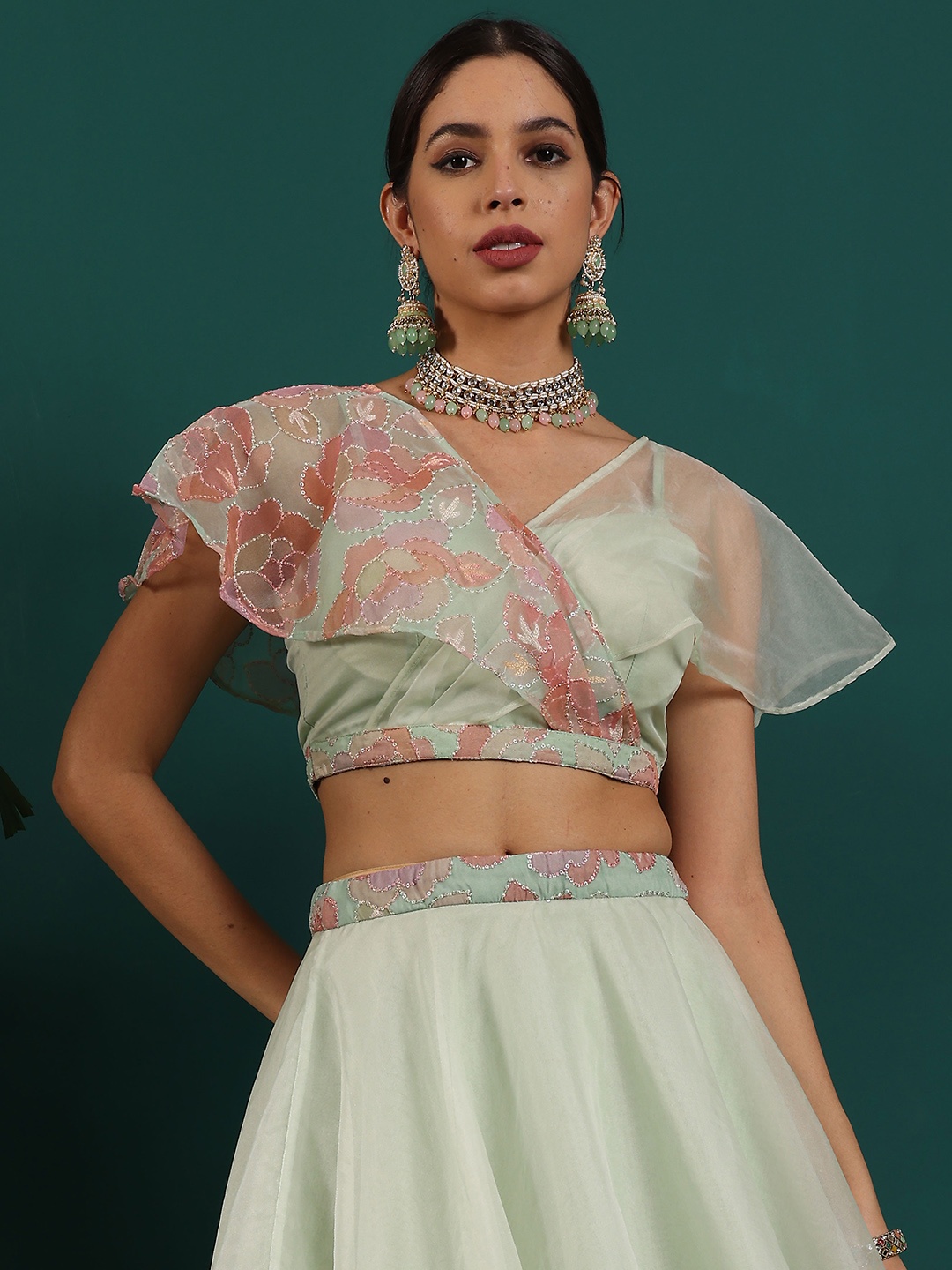 

Ethnovog Embroidered Sequinned Organza Ready To Wear Saree Blouse, Green