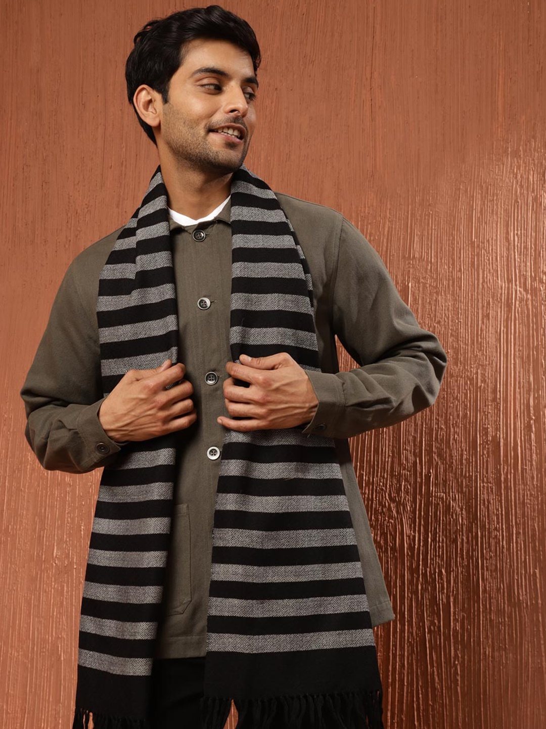 

Fabindia Men Striped Merino Wool Muffler, Grey