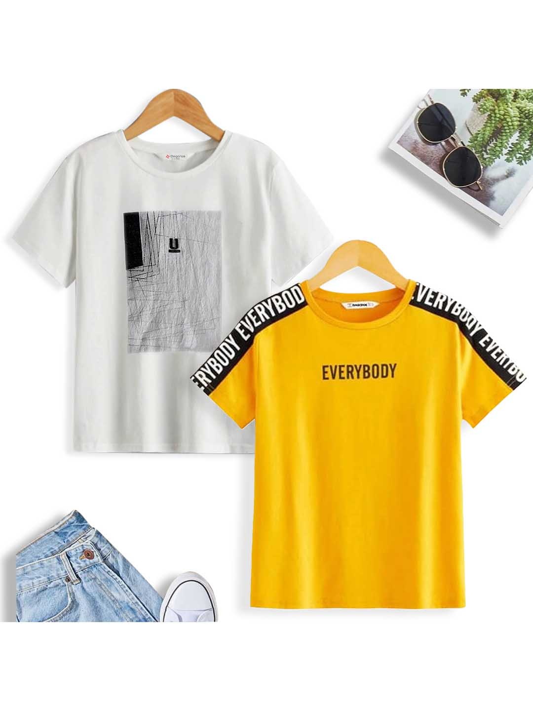 BAESD Boys Pack Of 2 Typography Printed Cotton Applique T-shirt, White