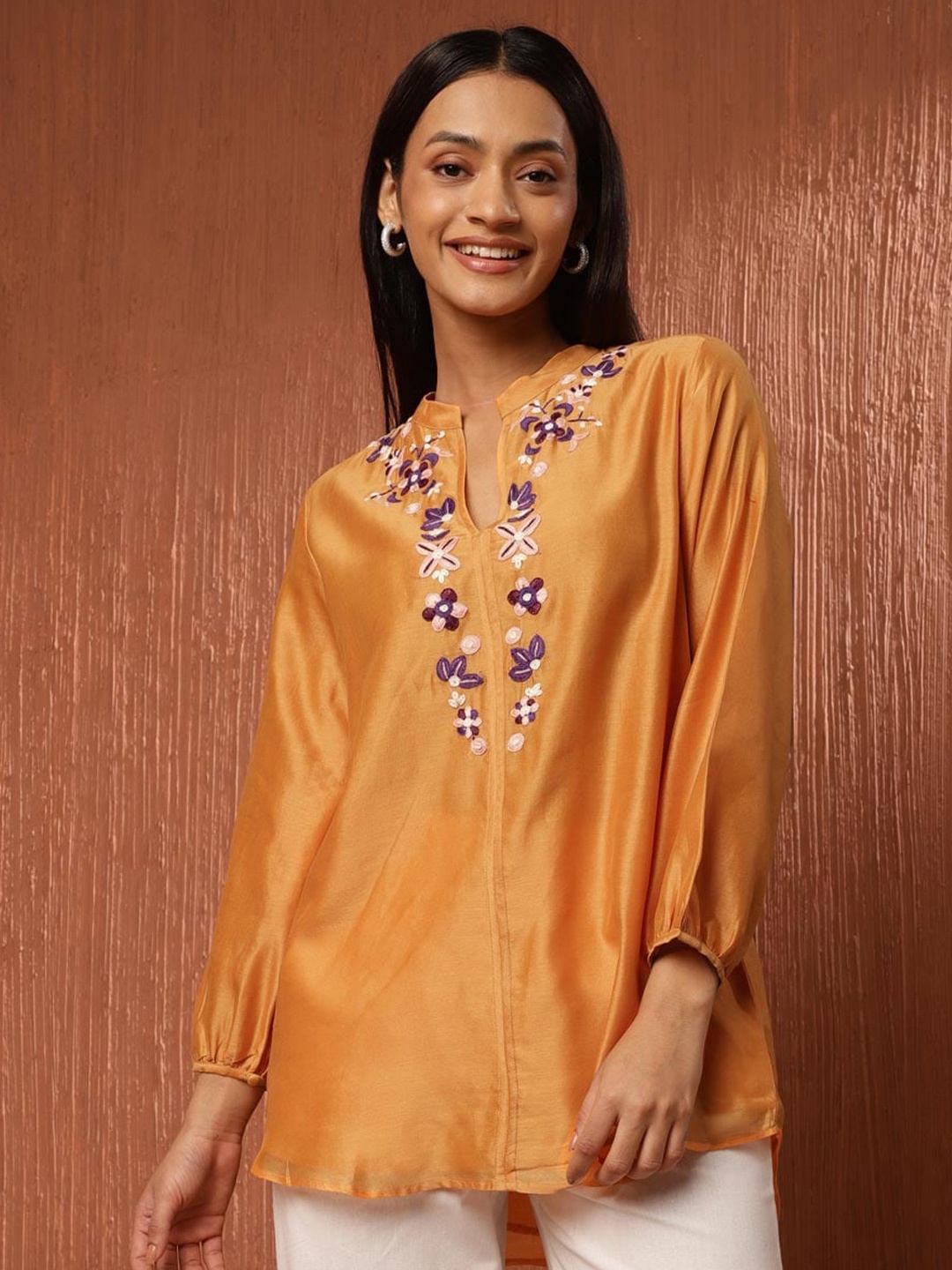 

Fabindia Mandarin Collar Floral Embroidered Tunic, Yellow