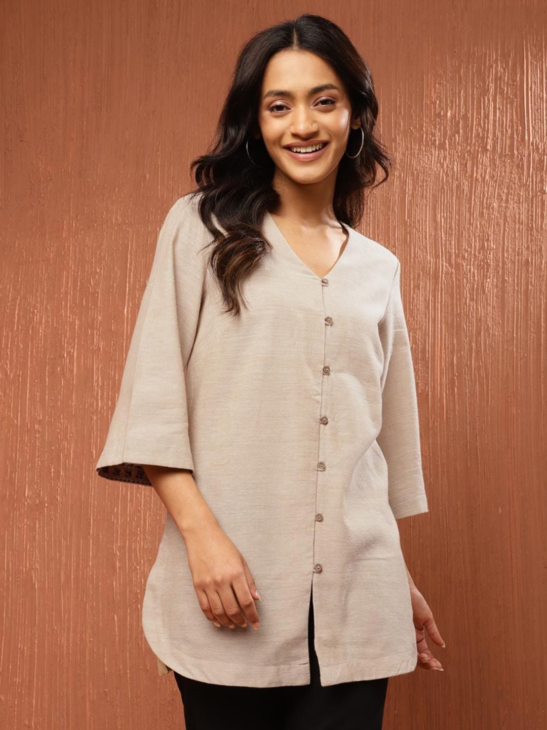 

Fabindia V-Neck Cotton Tunic, Beige
