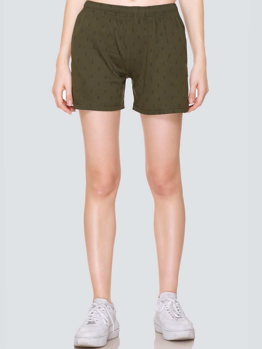 

ELPIDA Women Conversational Printed Cotton Shorts, Olive