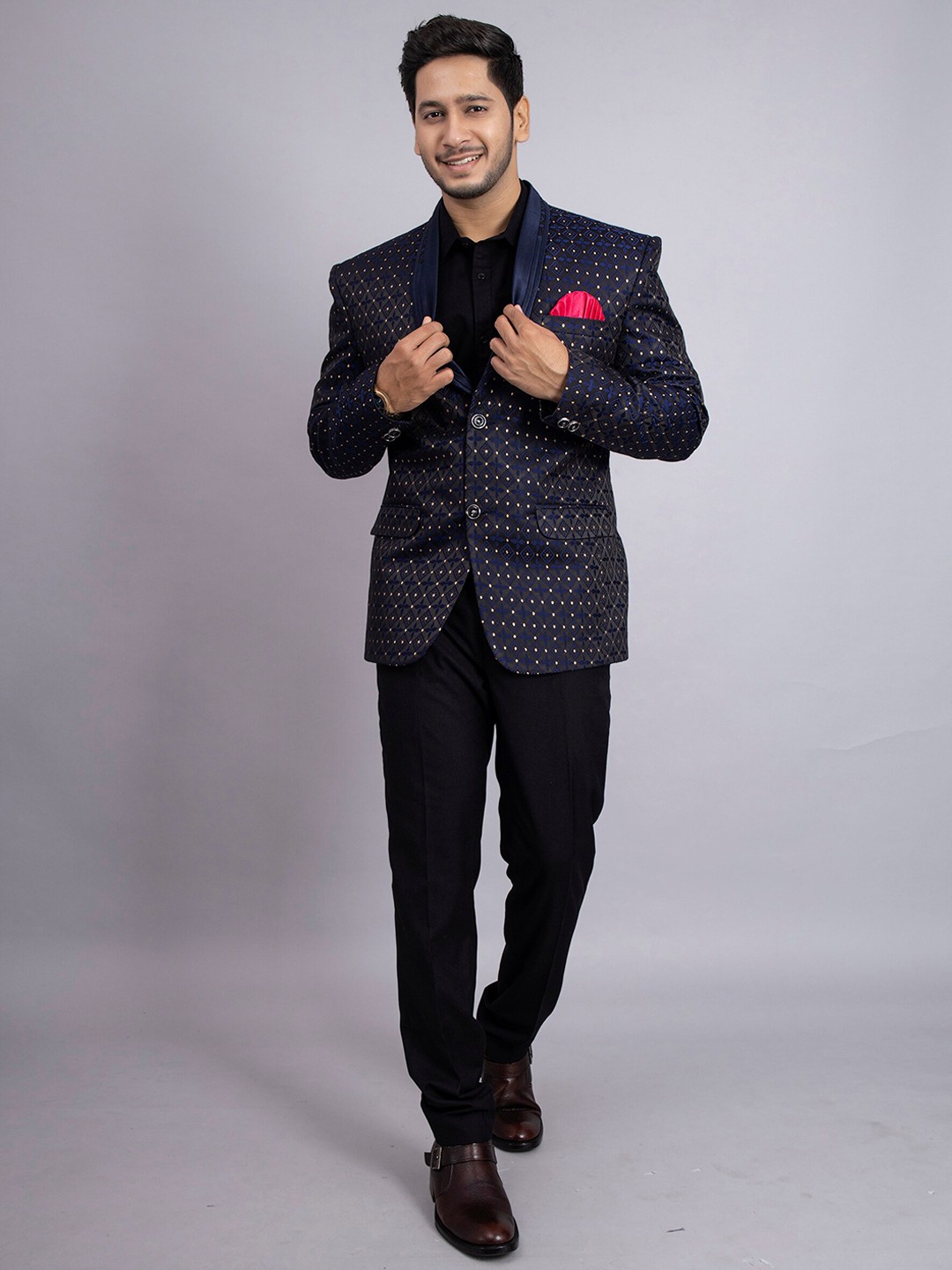 

amzira Self Designed Slim Fit Single-Breasted Blazer, Blue