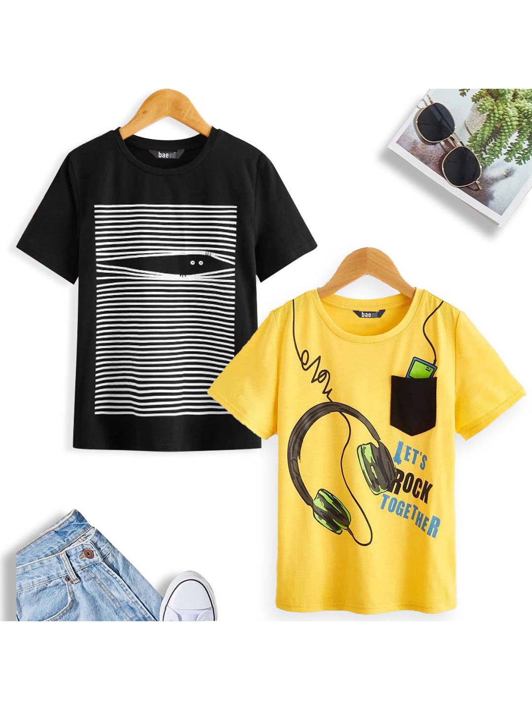 

BAESD Boys Pack Of 2 Printed Pure Cotton T-shirts, Black
