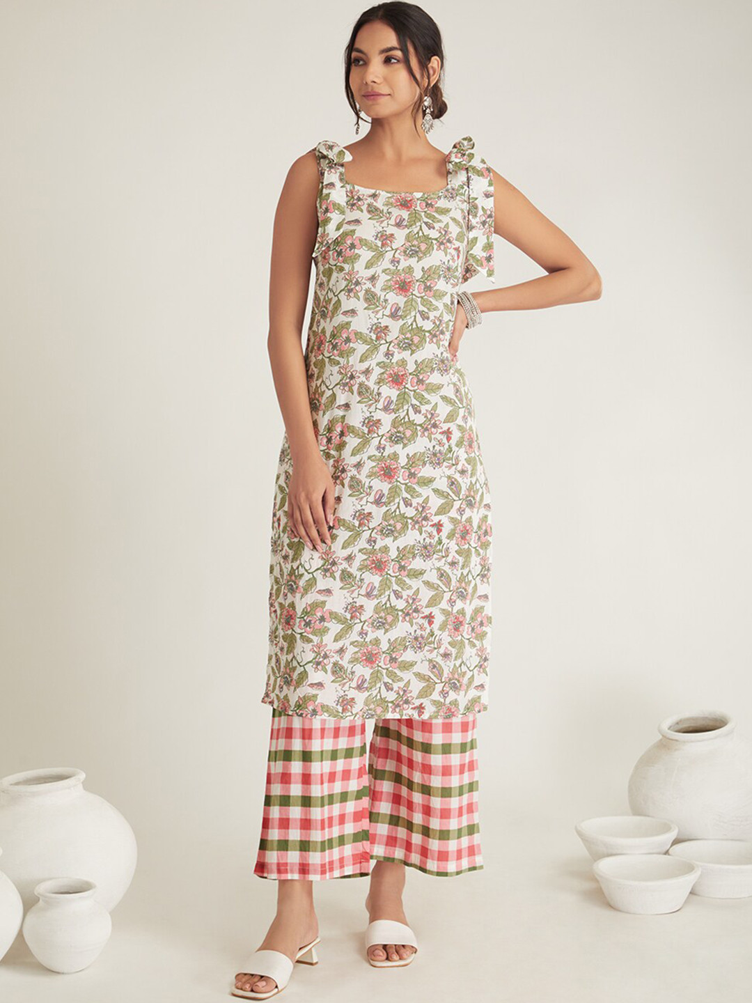 

IndigoFerry Floral Printed Shoulder Straps Sleeveless Pure Cotton Kurta with Palazzos, White