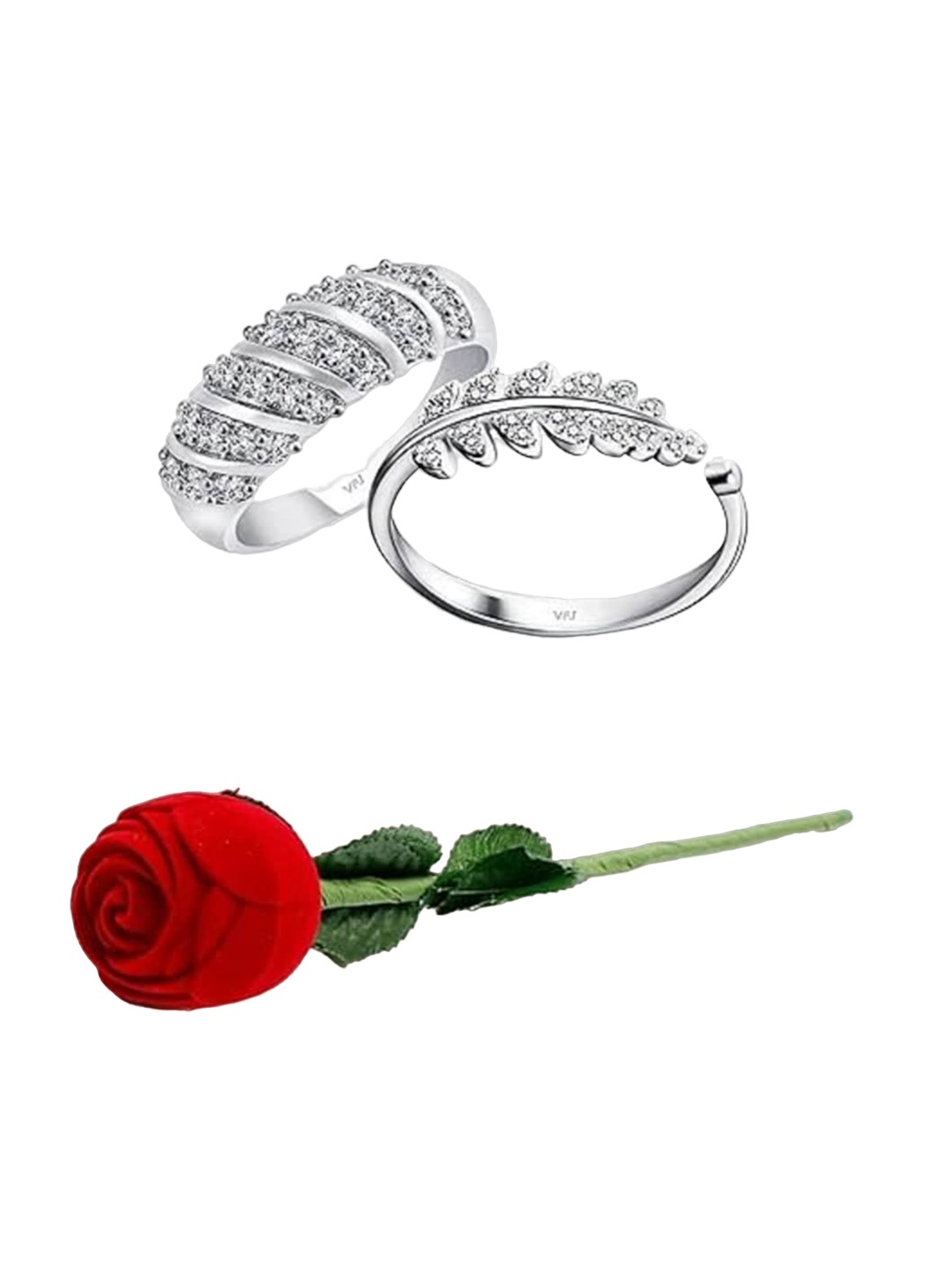 

Vighnaharta Set Of 2 Rhodium Plated & Cubic Zirconia Studded Finger Rings, Silver