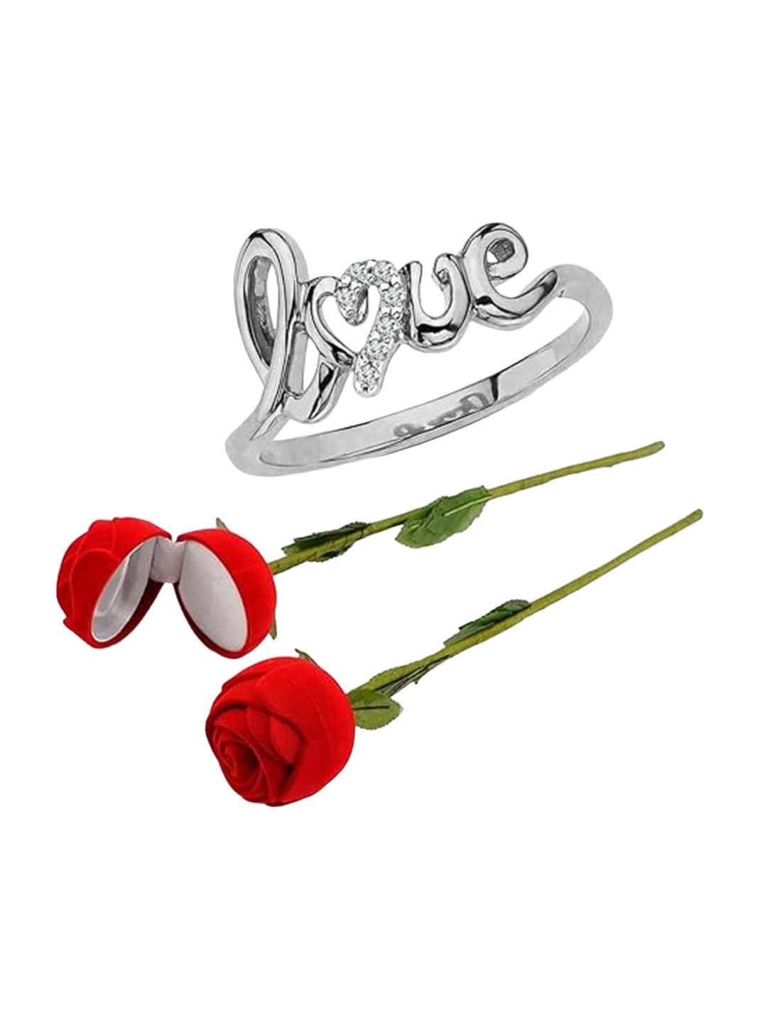 

Vighnaharta Set Of 2 Rhodium Plated & CZ Studded Finger Ring & Rose Box, Silver