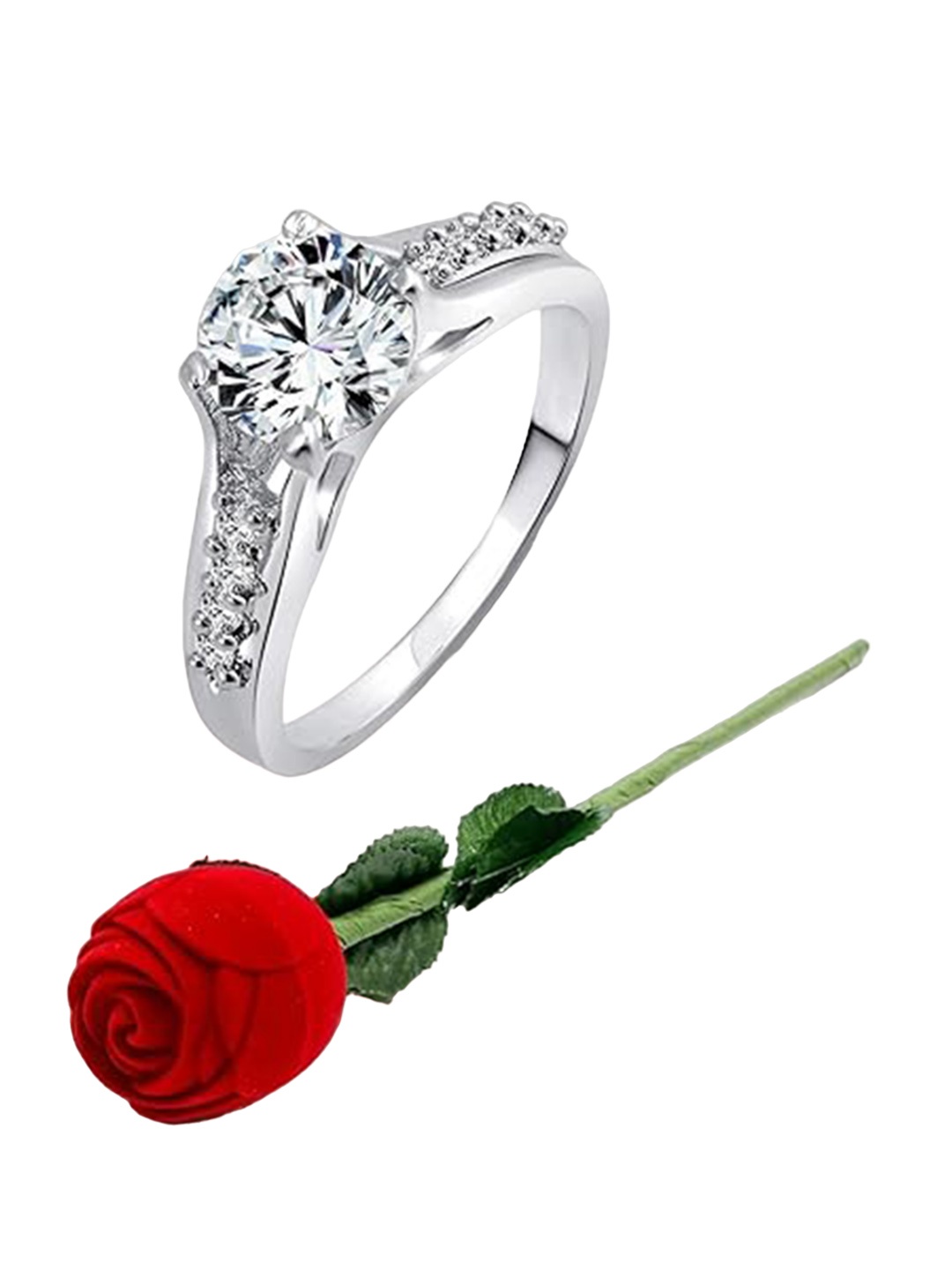 

Vighnaharta Set Of 2 Rhodium-Plated CZ-Studded Finger Ring With Rose Box, Silver