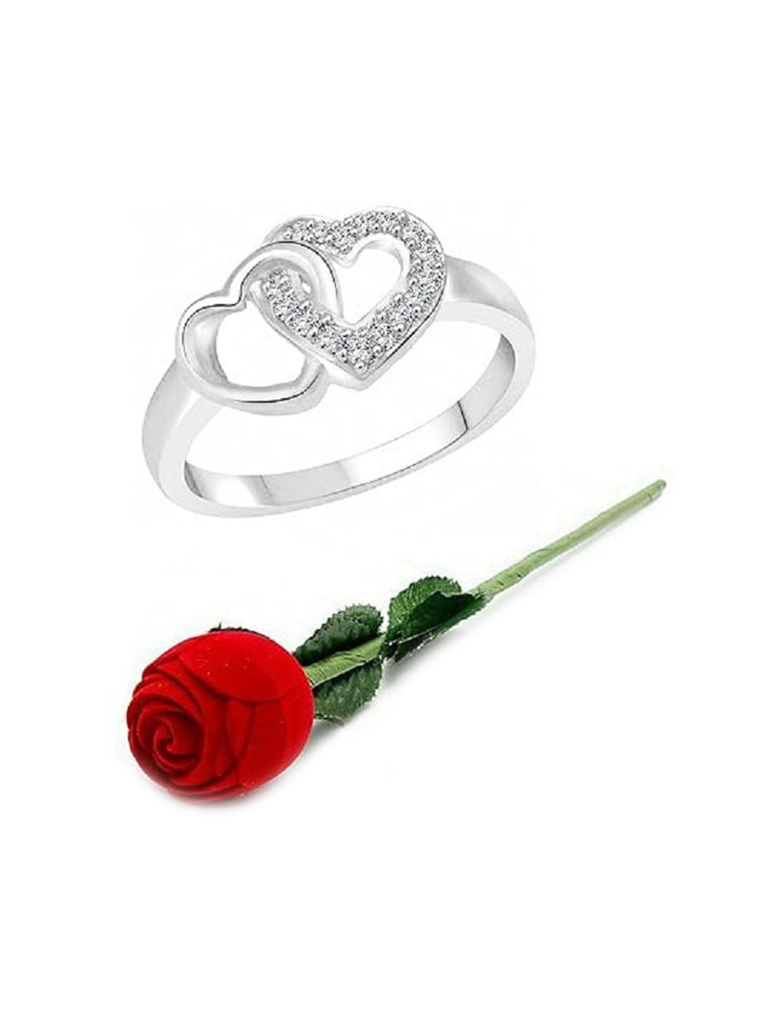 

Vighnaharta Set Of 2 Rhodium Plated & CZ Studded Finger Ring & Rose Box, Silver