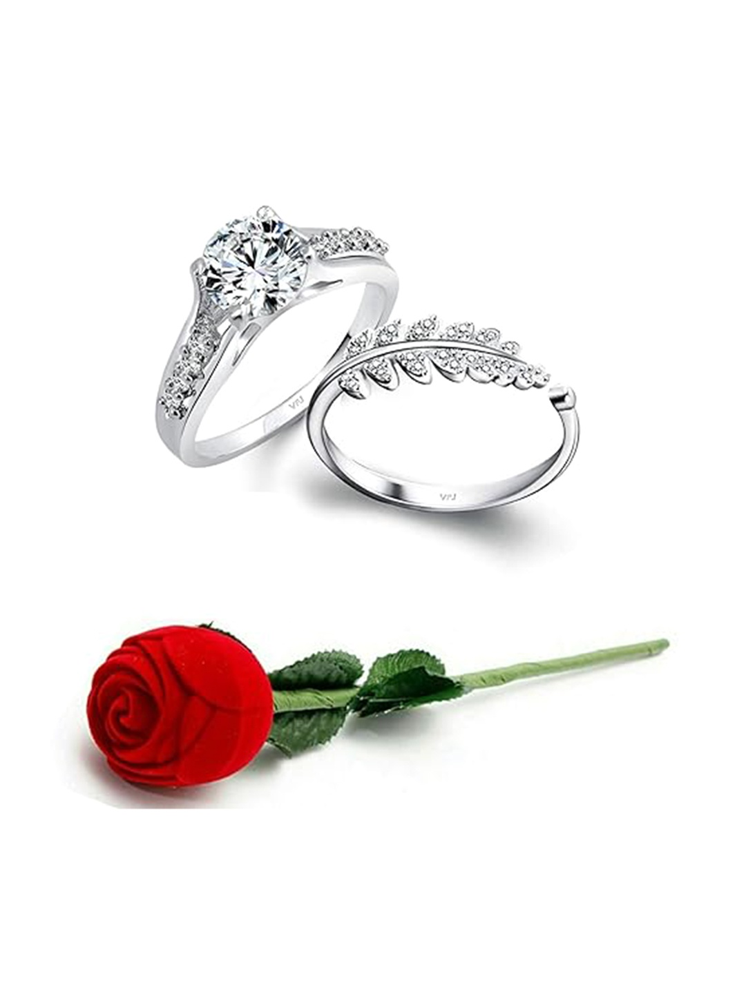 

Vighnaharta Set Of 2 Rhodium-Plated CZ Stone Couple Heart Ring & Rose Box, Silver