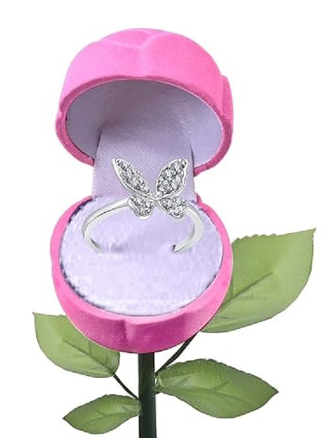 

Vighnaharta Rhodium-Plated CZ-Studded Finger Ring With Rose Box, Silver
