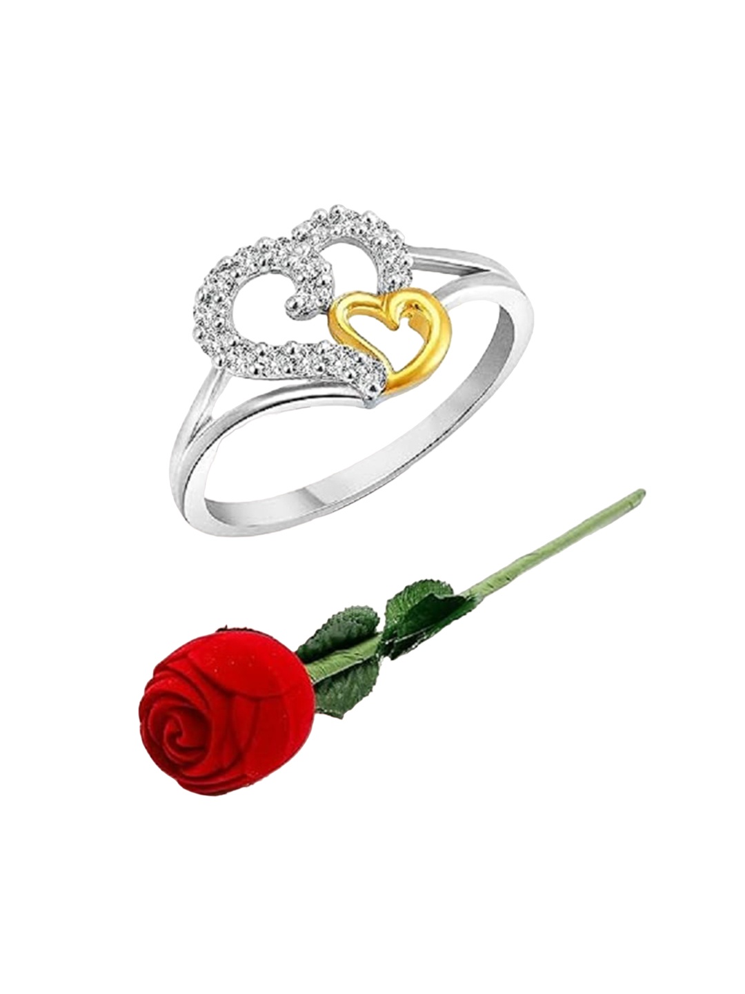 

Vighnaharta Rhodium-Plated Cubic Zirconia Studded Couple Heart Ring & Rose Box, Gold