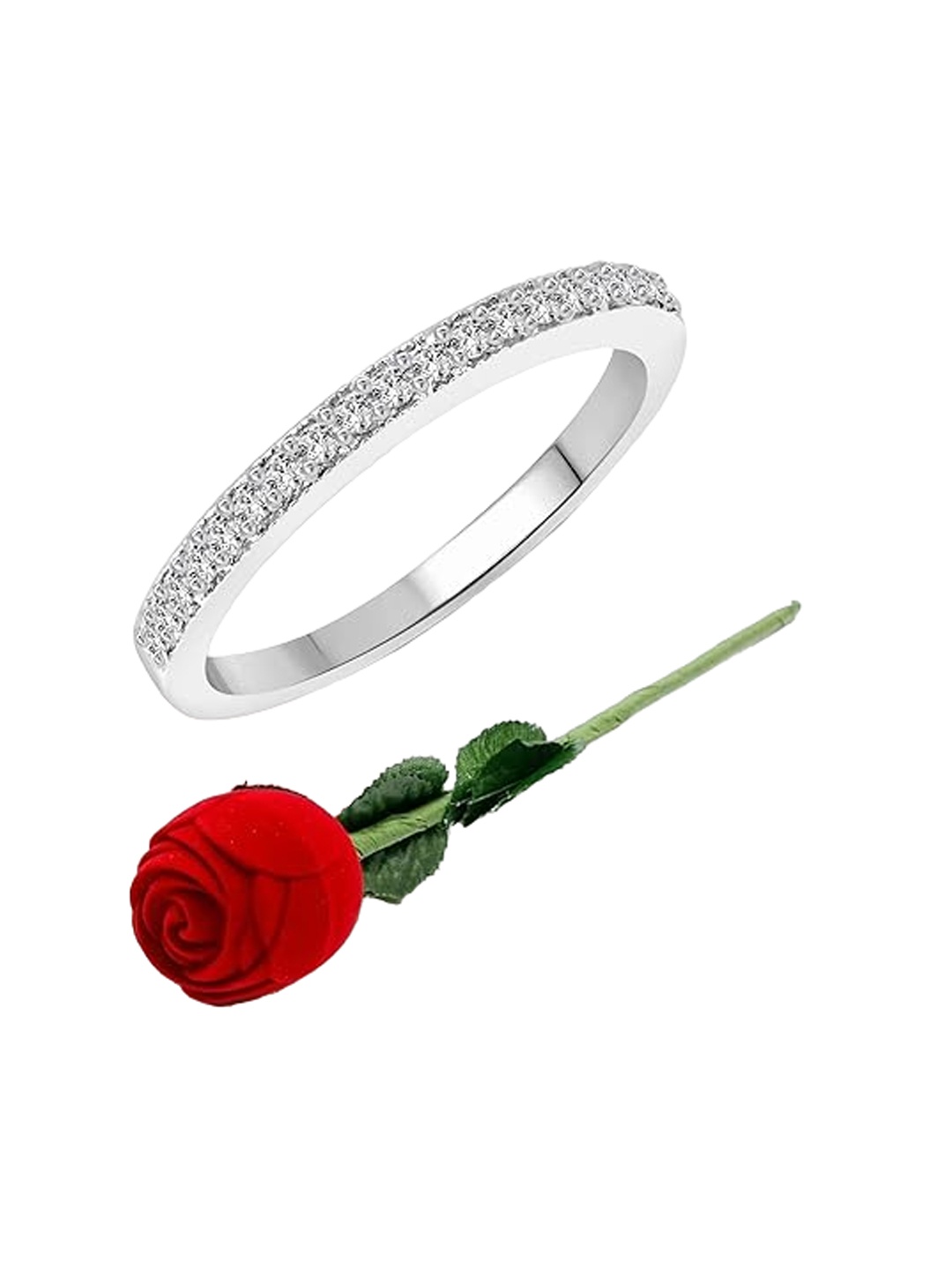 

Vighnaharta Set Of 2 Rhodium-Plated CZ-Studded Finger Ring With Rose Box, Silver