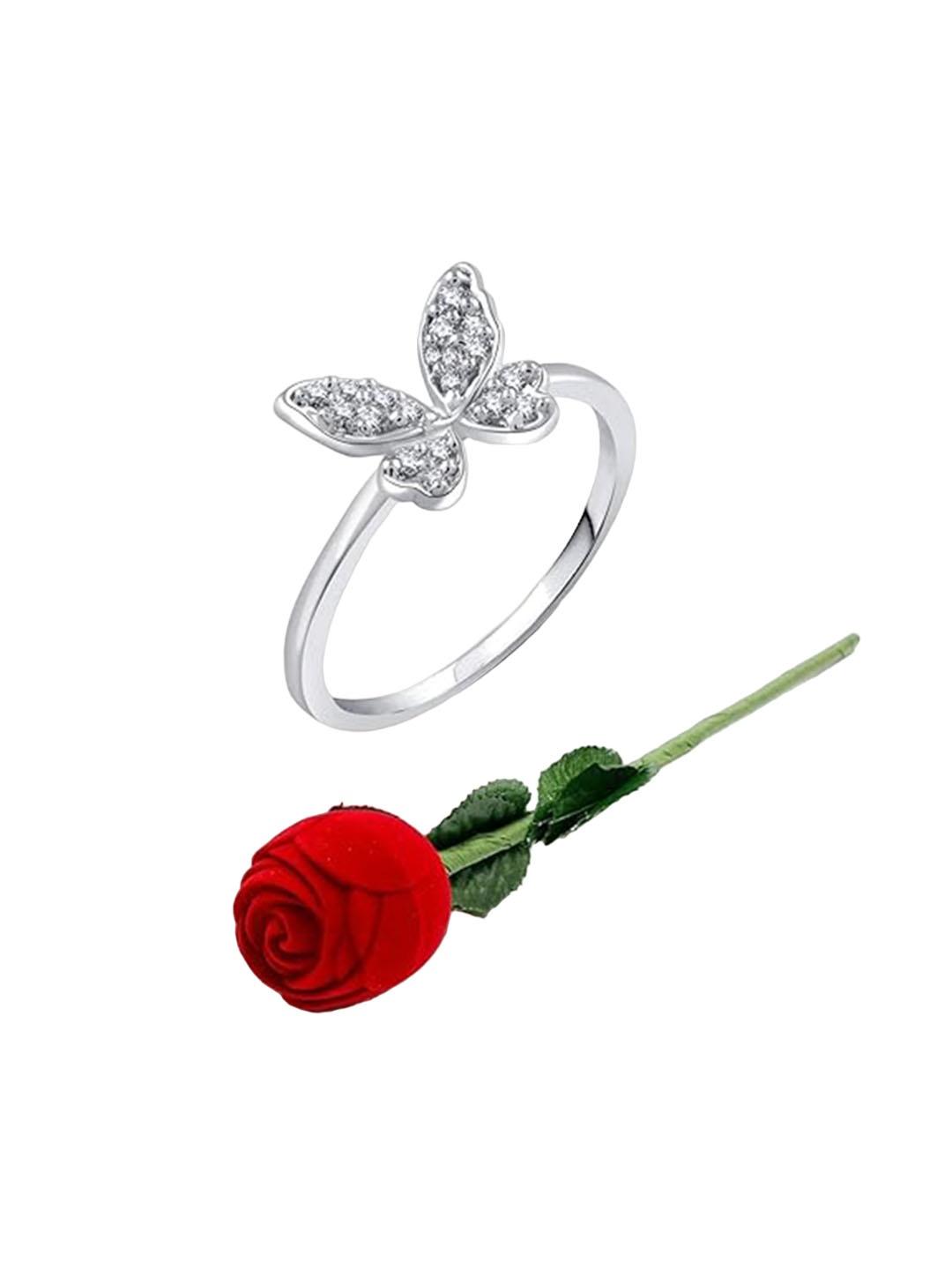 

Vighnaharta Rhodium Plated Cubic Zirconia Studded Finger Ring With Rose Box, Silver