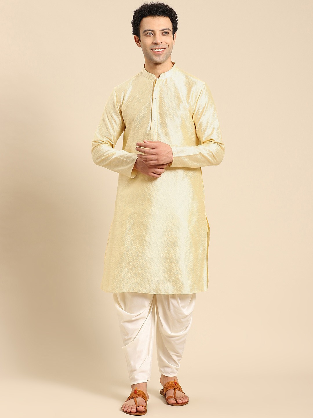 

Anouk Ethnic Motifs Woven Design Mandarin Collar Regular Kurta with Dhoti Pants, Yellow