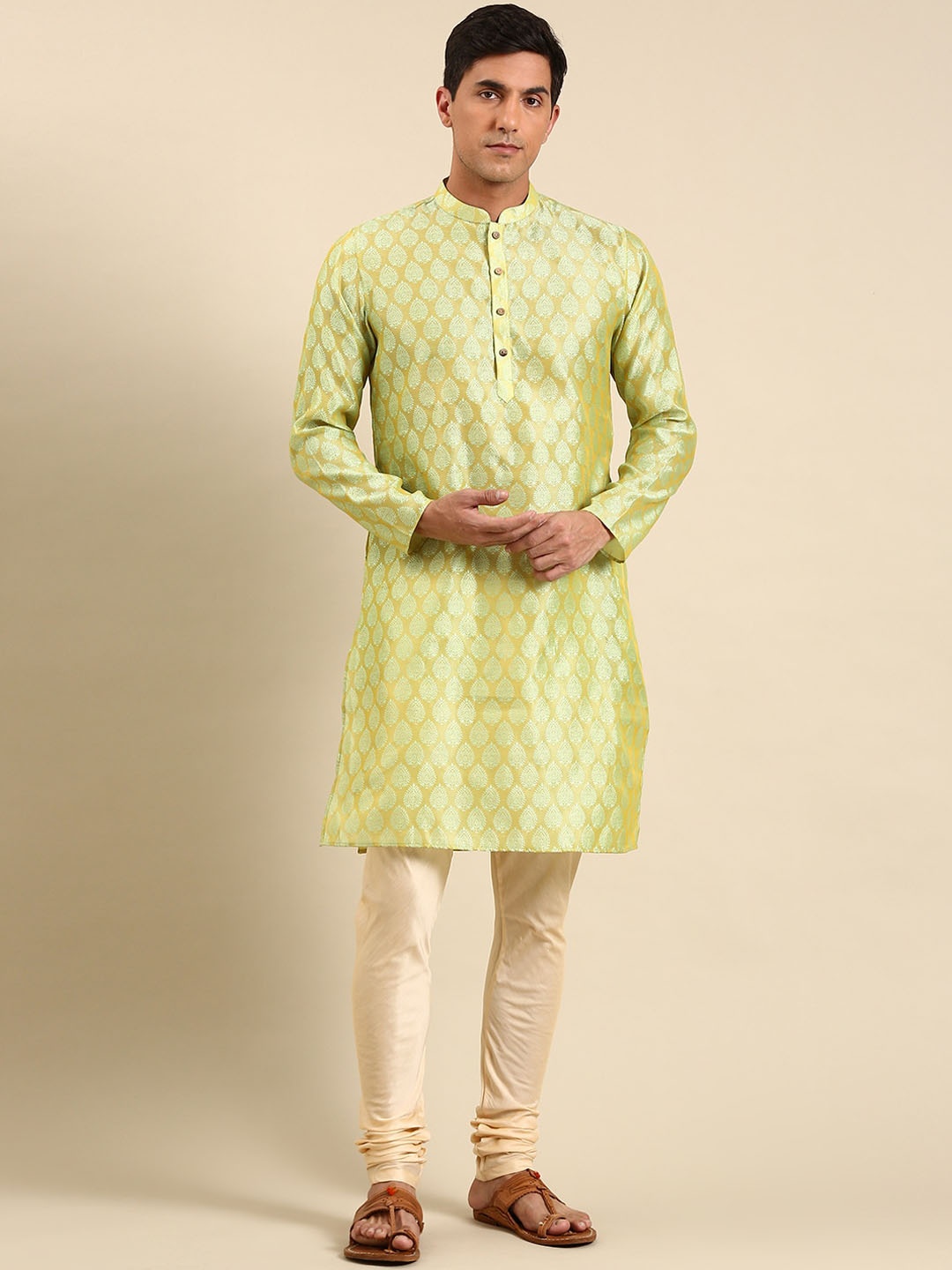 

Anouk Ethnic Motifs Regular Dupion Silk Kurta With Churidar, Green