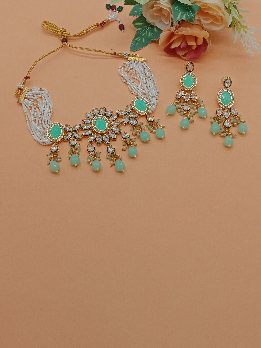 

AASHISH IMITATION Gold-Plated AD-Stones Studded & Pearl Beaded Statement Jewellery Set