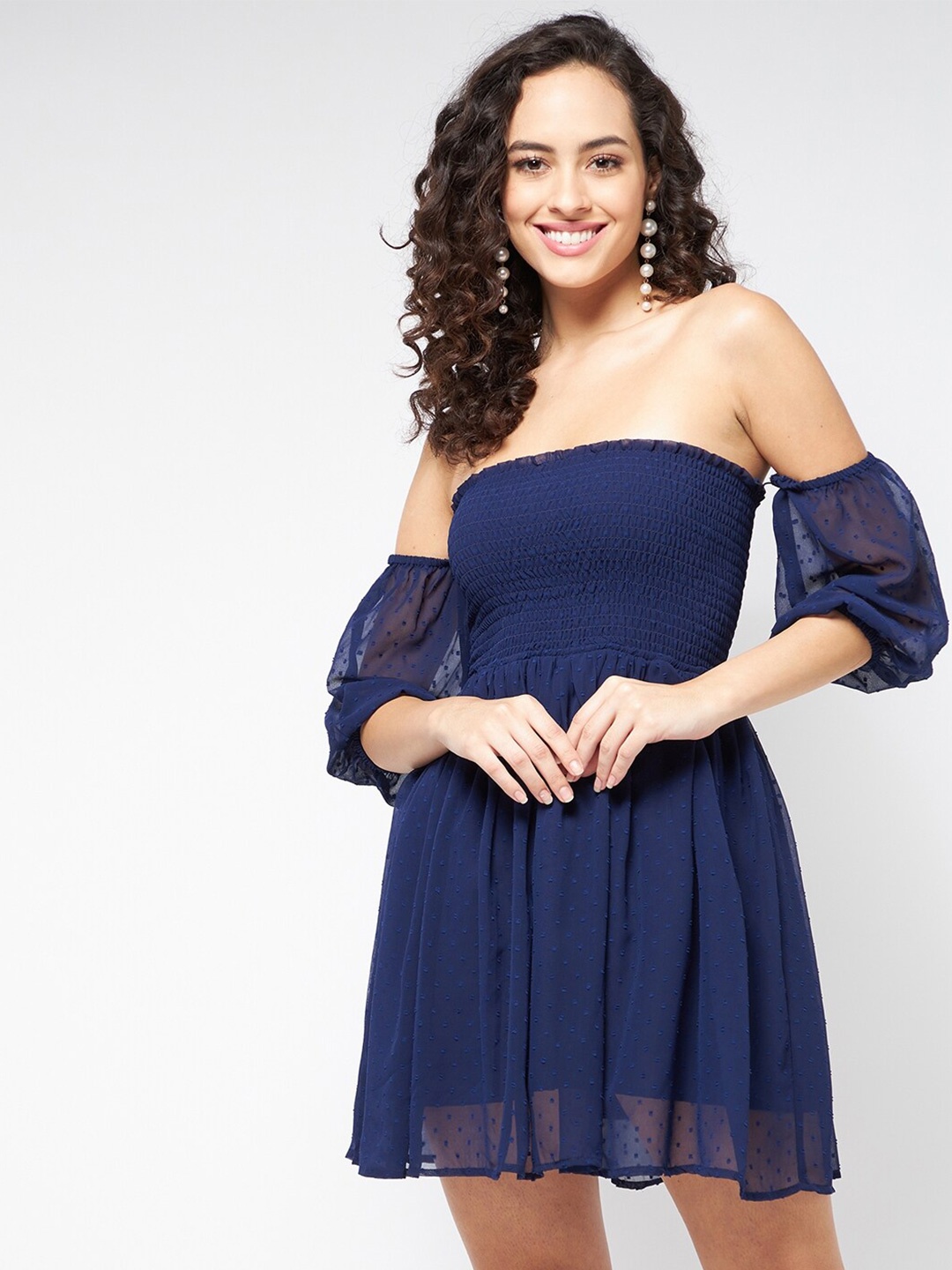 

MAGRE Off-Shoulder Bell Sleeve Georgette Fit & Flare Dress, Blue