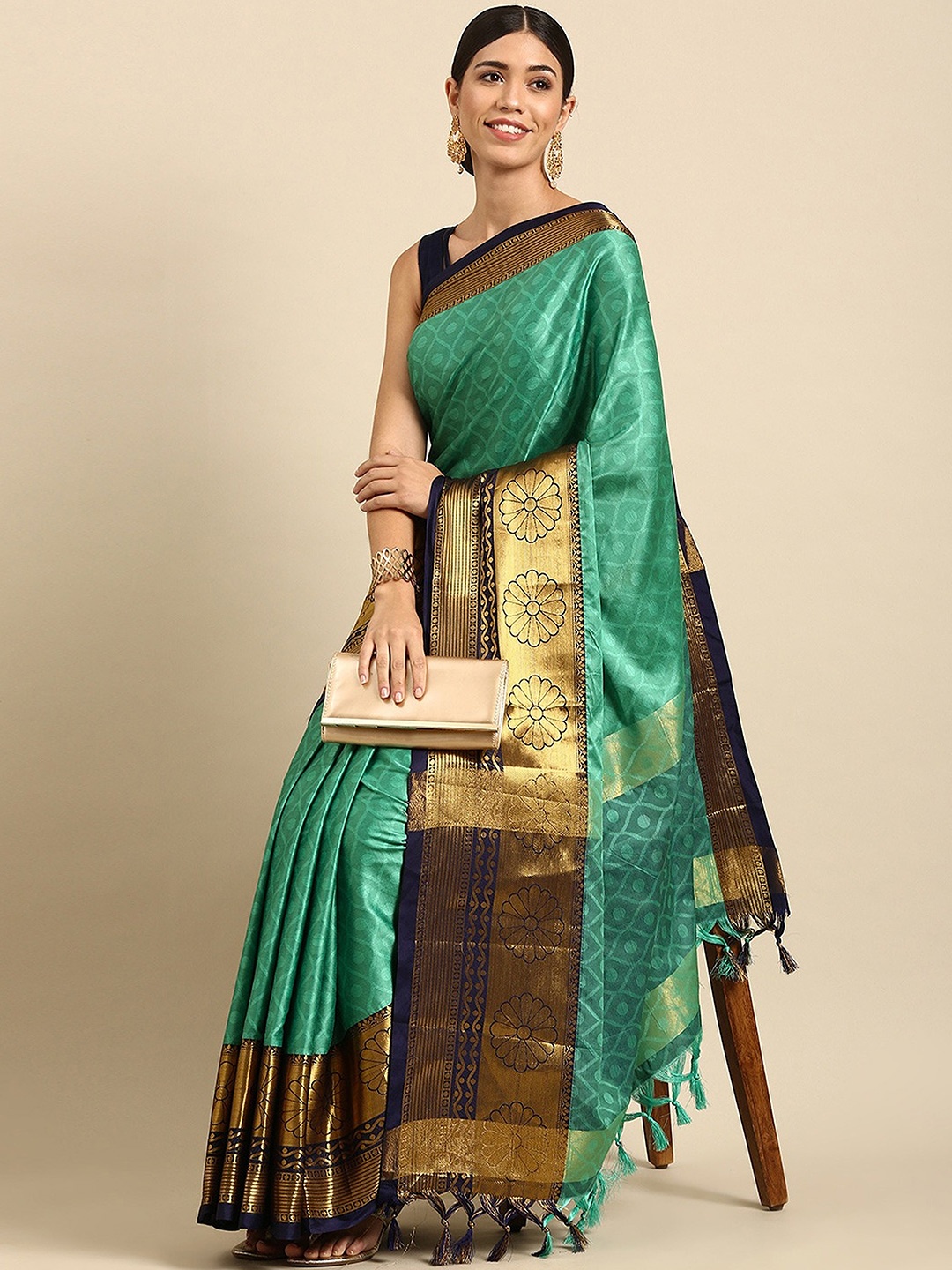 

VASTRAME Ethnic Motifs Woven Design Zari Banarasi Saree, Teal