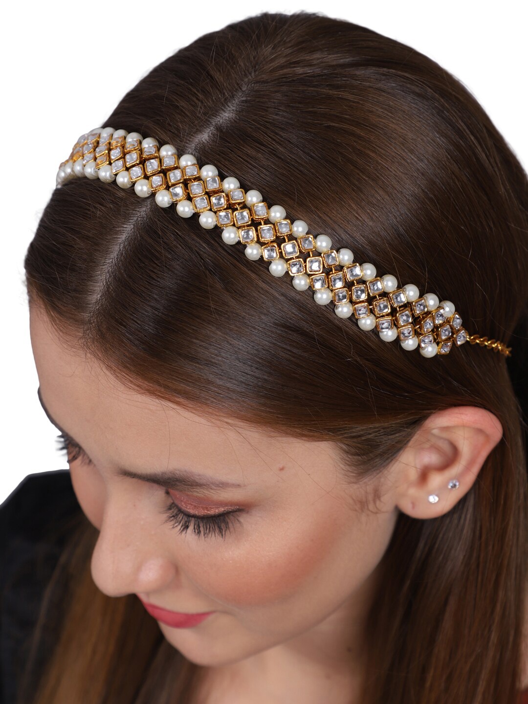 

Shining Diva Fashion Gold-Plated Kundan Studded & Pearls Beaded Matha Patti