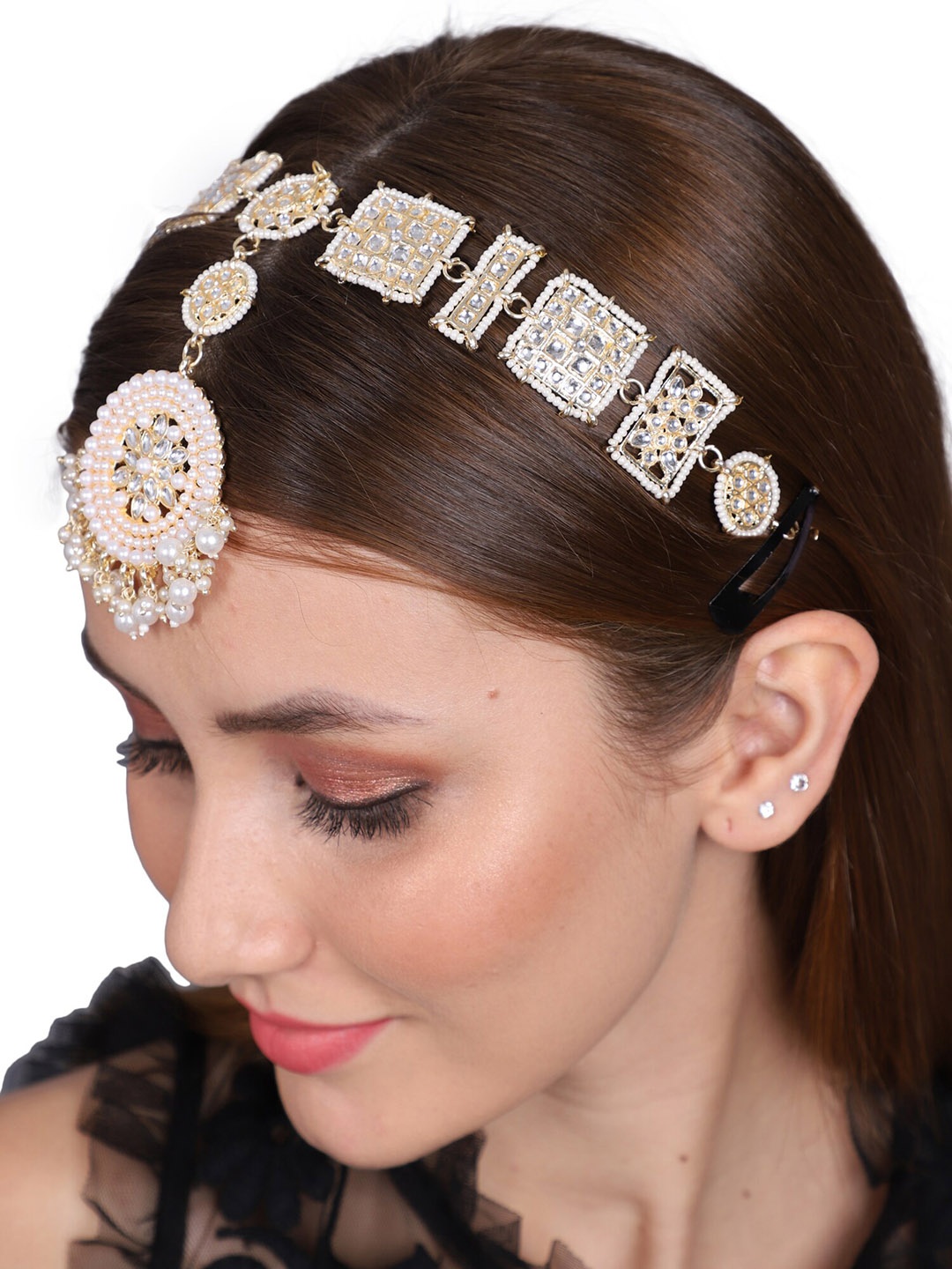 

Shining Diva Fashion Gold-Plated Stone-Studded & Pearl Beaded Layered Matha Patti