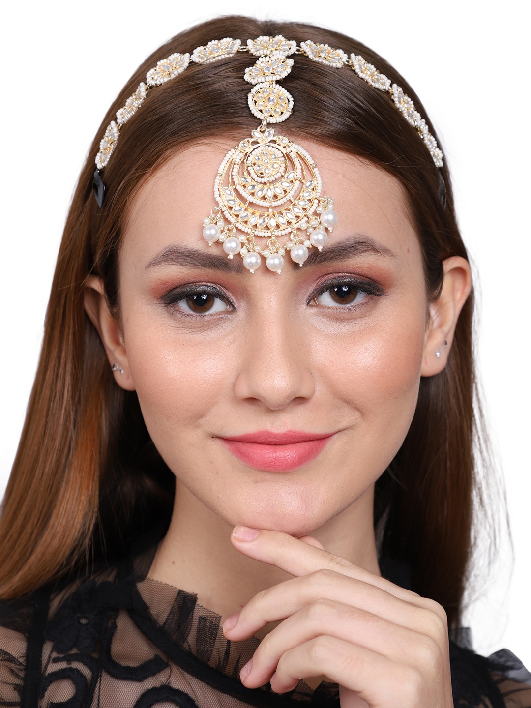 

Shining Diva Fashion Gold-Plated Kundan Studded & Beaded Sheeshphool