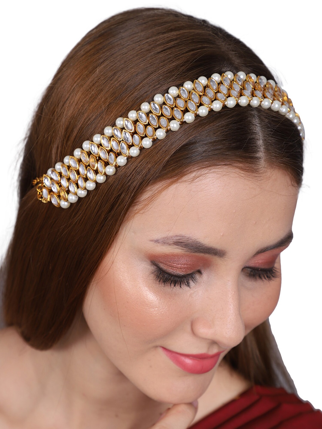 

Shining Diva Fashion Gold-Plated Kundan Studded & Pearl Beaded Matha Patti