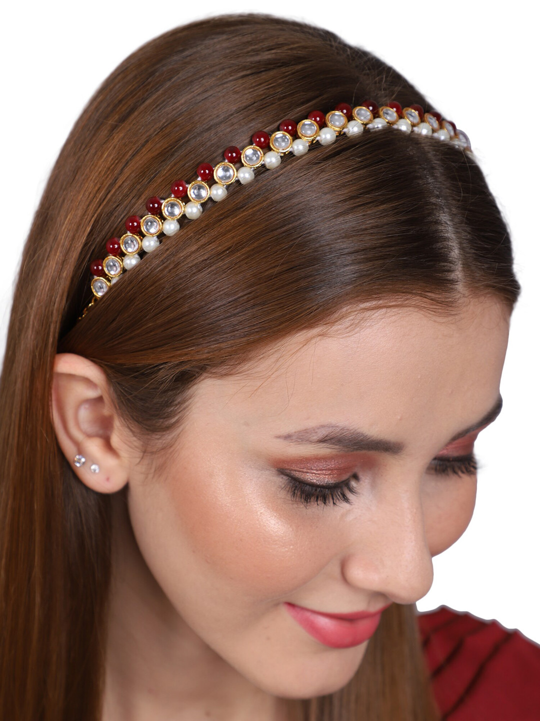 

Shining Diva Fashion Gold-Plated Pearls Beaded Mathapatti