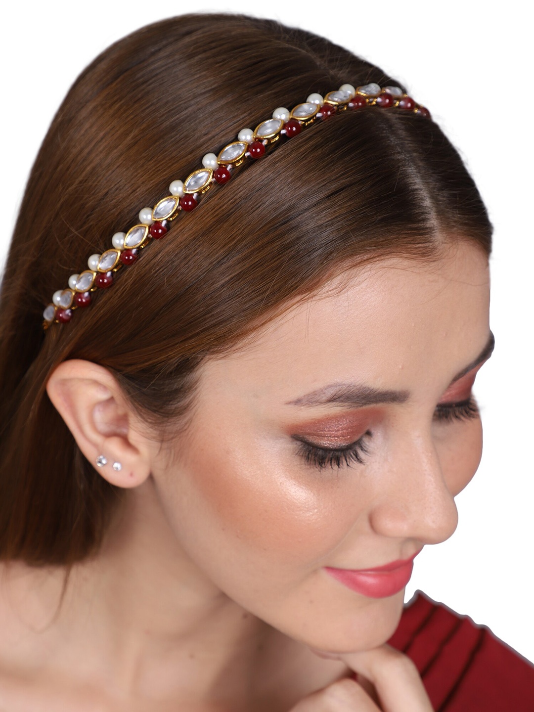 

Shining Diva Fashion Gold-Plated Pearls Beaded Mathapatti
