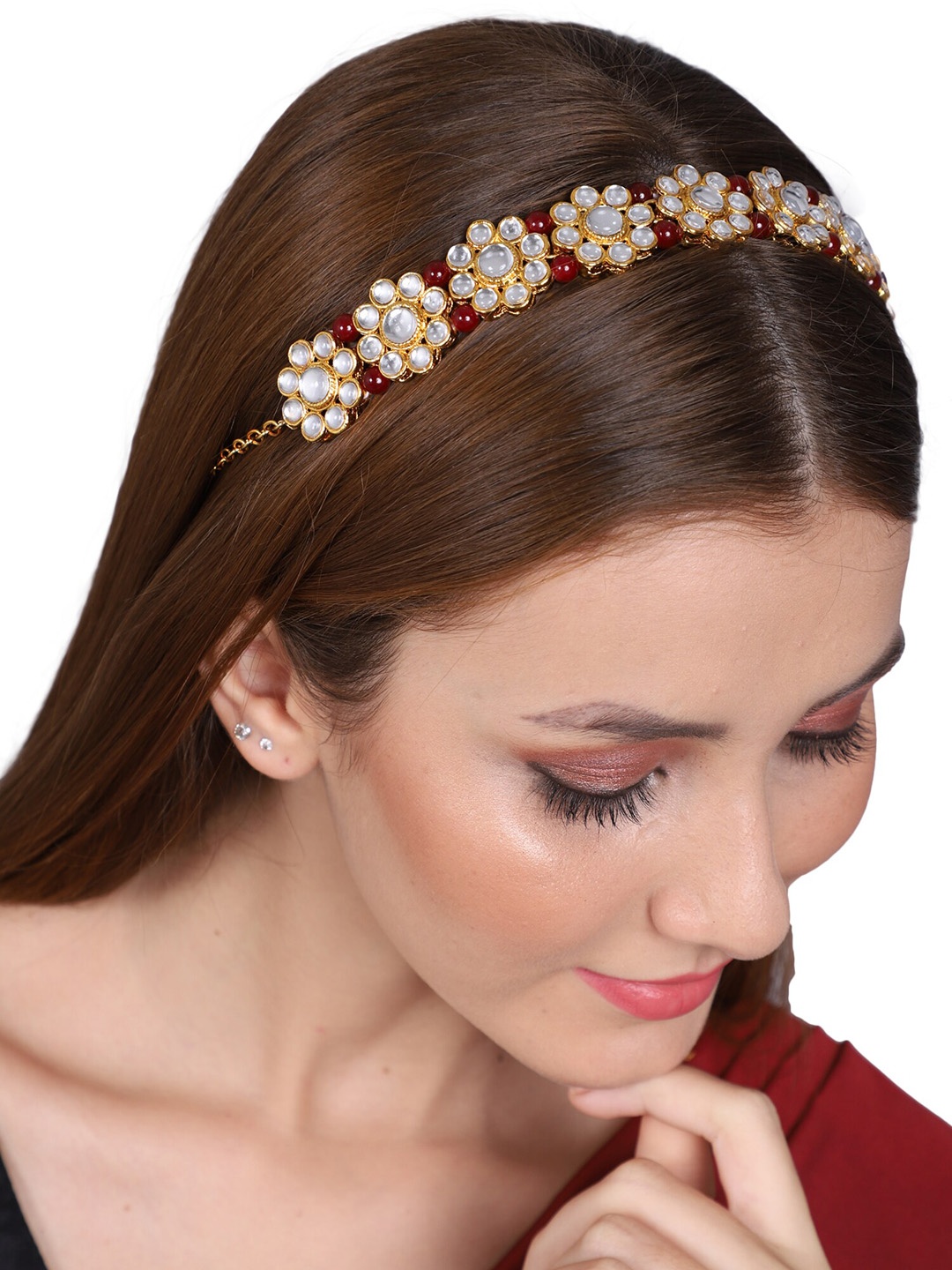 

Shining Diva Fashion Gold-Plated Pearls Beaded Mathapatti