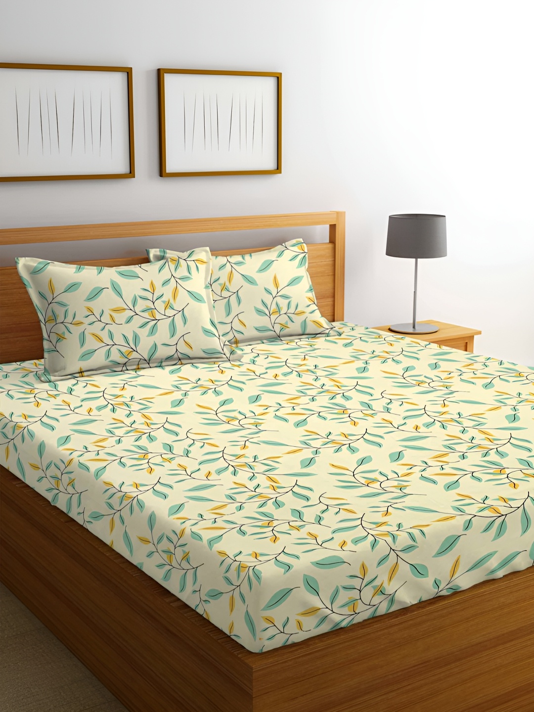 

bsb home Yellow & Black Floral 160 TC Queen Bedsheet with 2 Pillow Covers