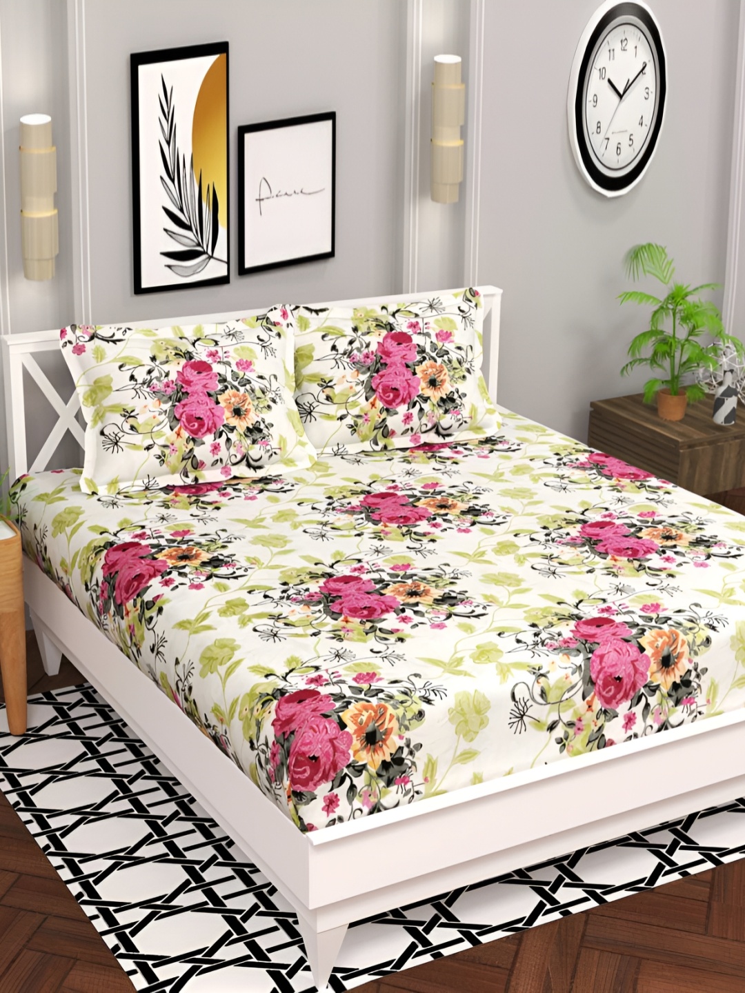 

bsb home White & Pink Floral 120 TC Queen Bedsheet with 2 Pillow Covers