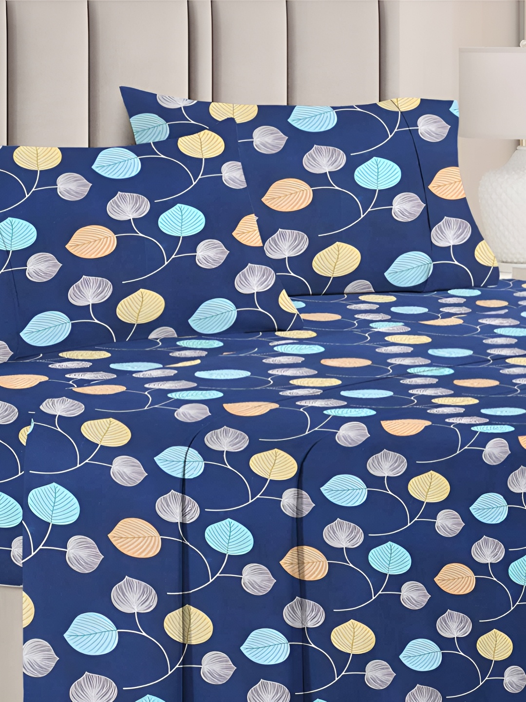 

bsb home Navy Blue & Yellow Floral 144 TC Queen Bedsheet with 2 Pillow Covers