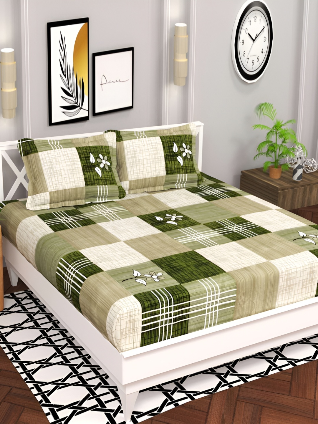 

bsb home Green & Beige Geometric 120 TC Queen Bedsheet with 2 Pillow Covers