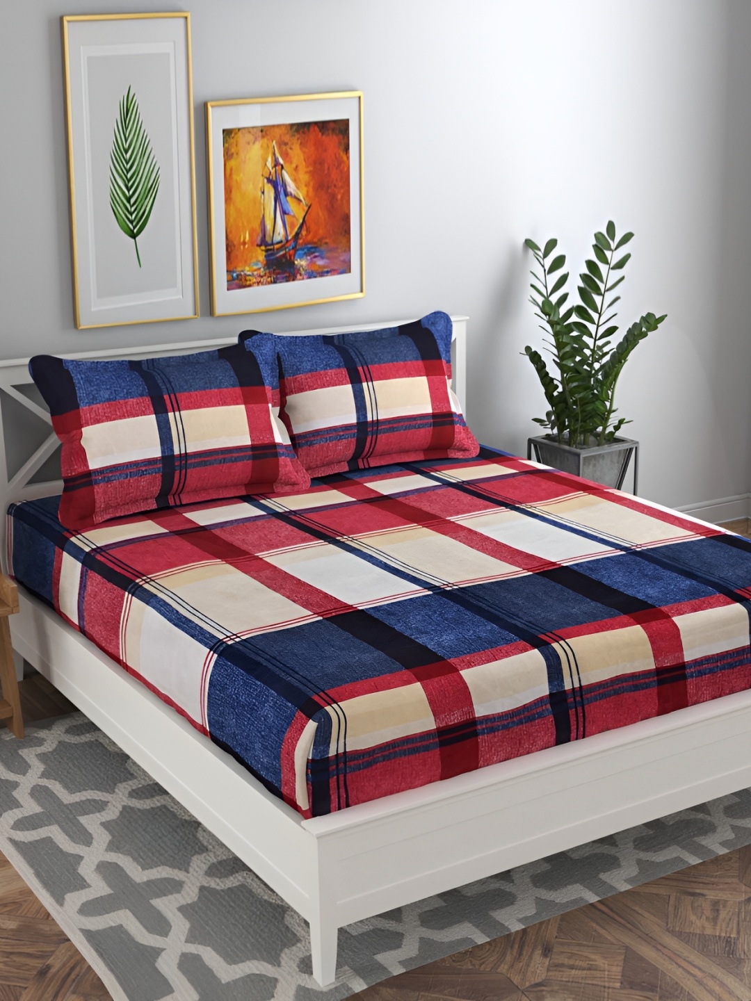 

bsb home Red & Beige 120 TC Geometric Queen Bedsheet with 2 Pillow Covers