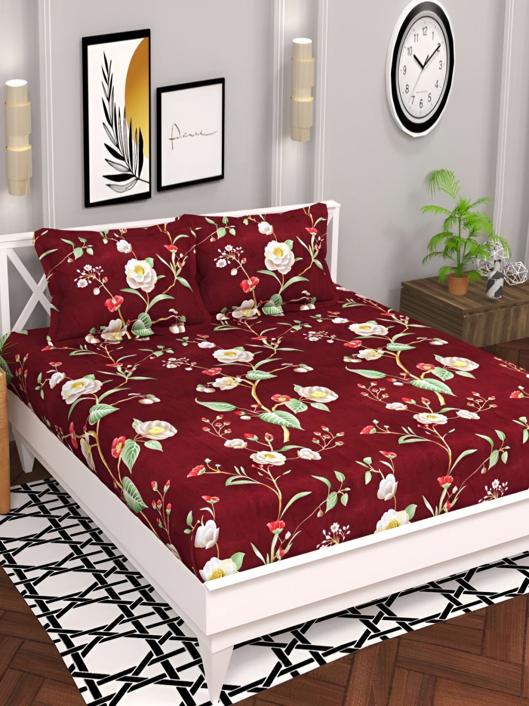 

bsb home Maroon & Green Floral 120 TC Queen Bedsheet with 2 Pillow Covers