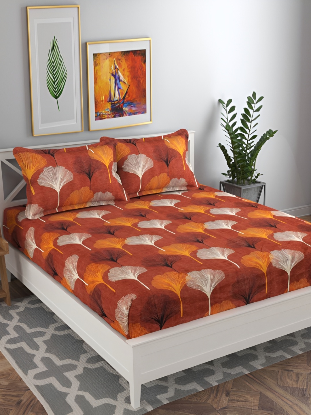 

bsb home Brown & Yellow Floral 120 TC Queen Bedsheet with 2 Pillow Covers