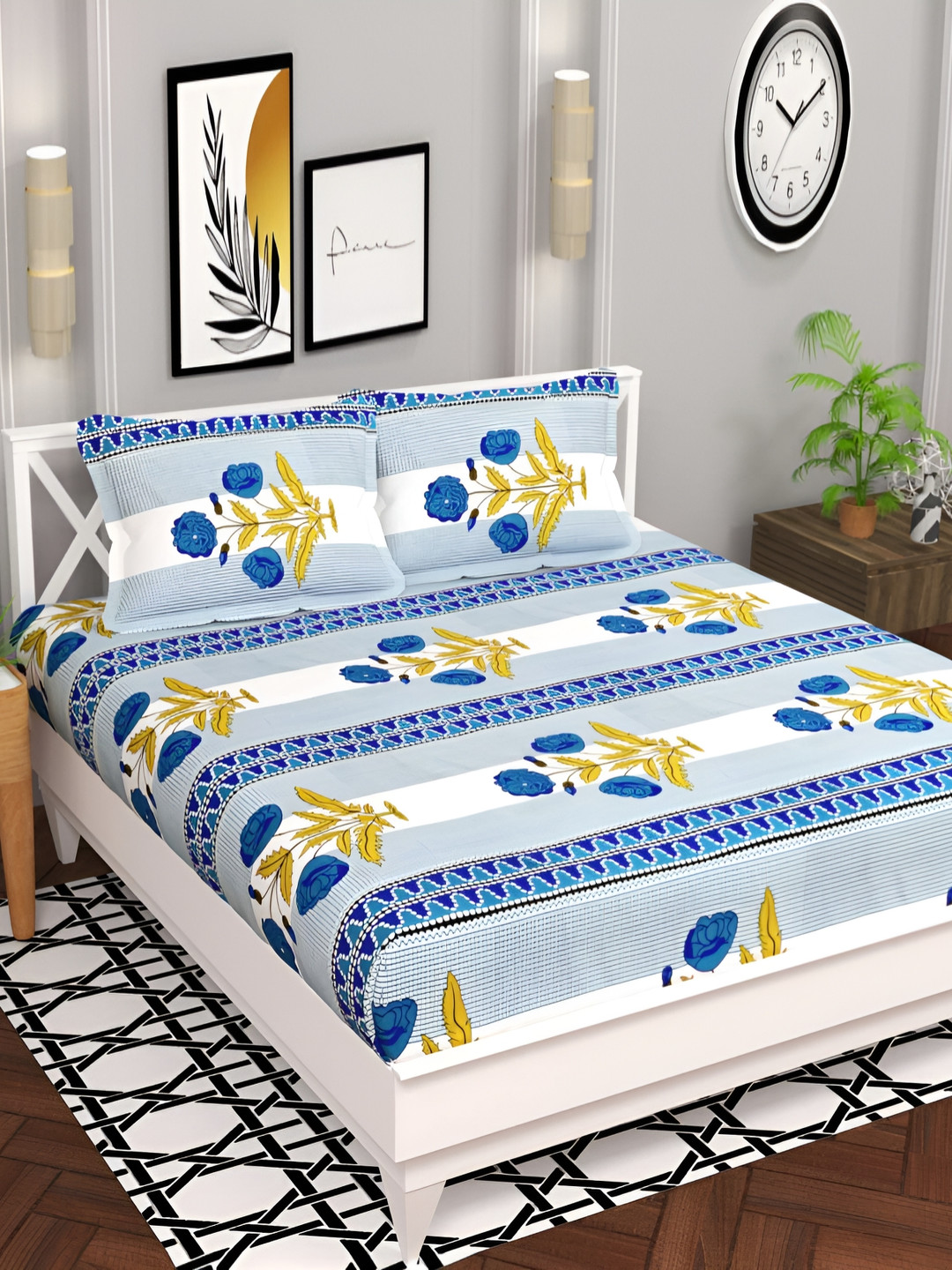 

bsb home White & Blue Floral 120 TC Queen Bedsheet with 2 Pillow Covers