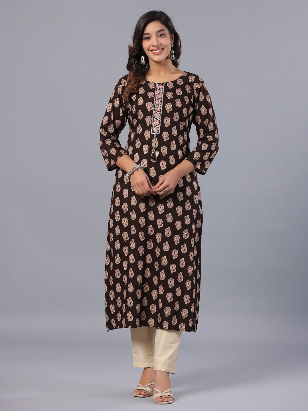 

Amchoor Paisley Printed Straight Kurta, Brown