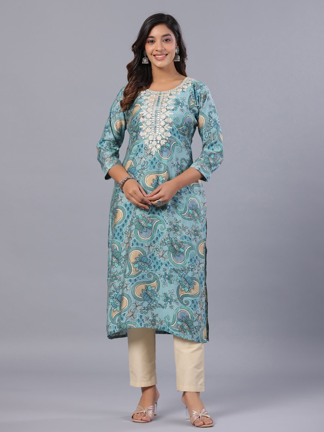 

Amchoor Floral Printed Straight Kurta, Grey