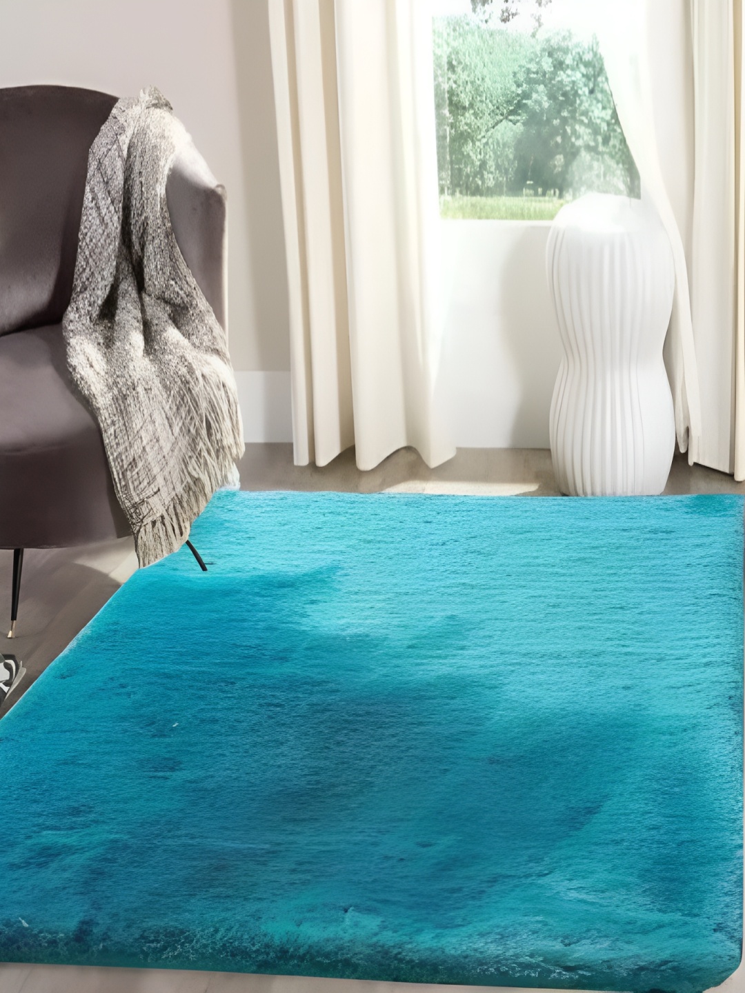 

Shopgallery Turquoise Blue Textured Anti Skid Rectangle Shaggy Carpet