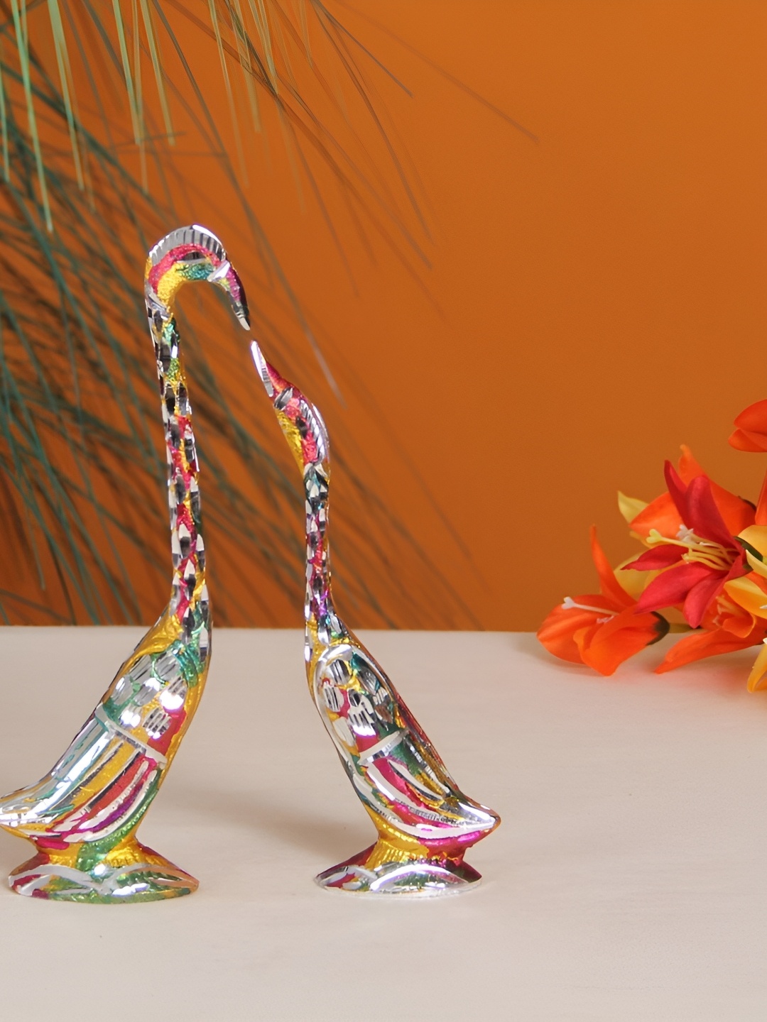 

HANDICRAFTS PARADISE Green & Silver Toned 2 Pieces Animal Swan Metal Showpiece