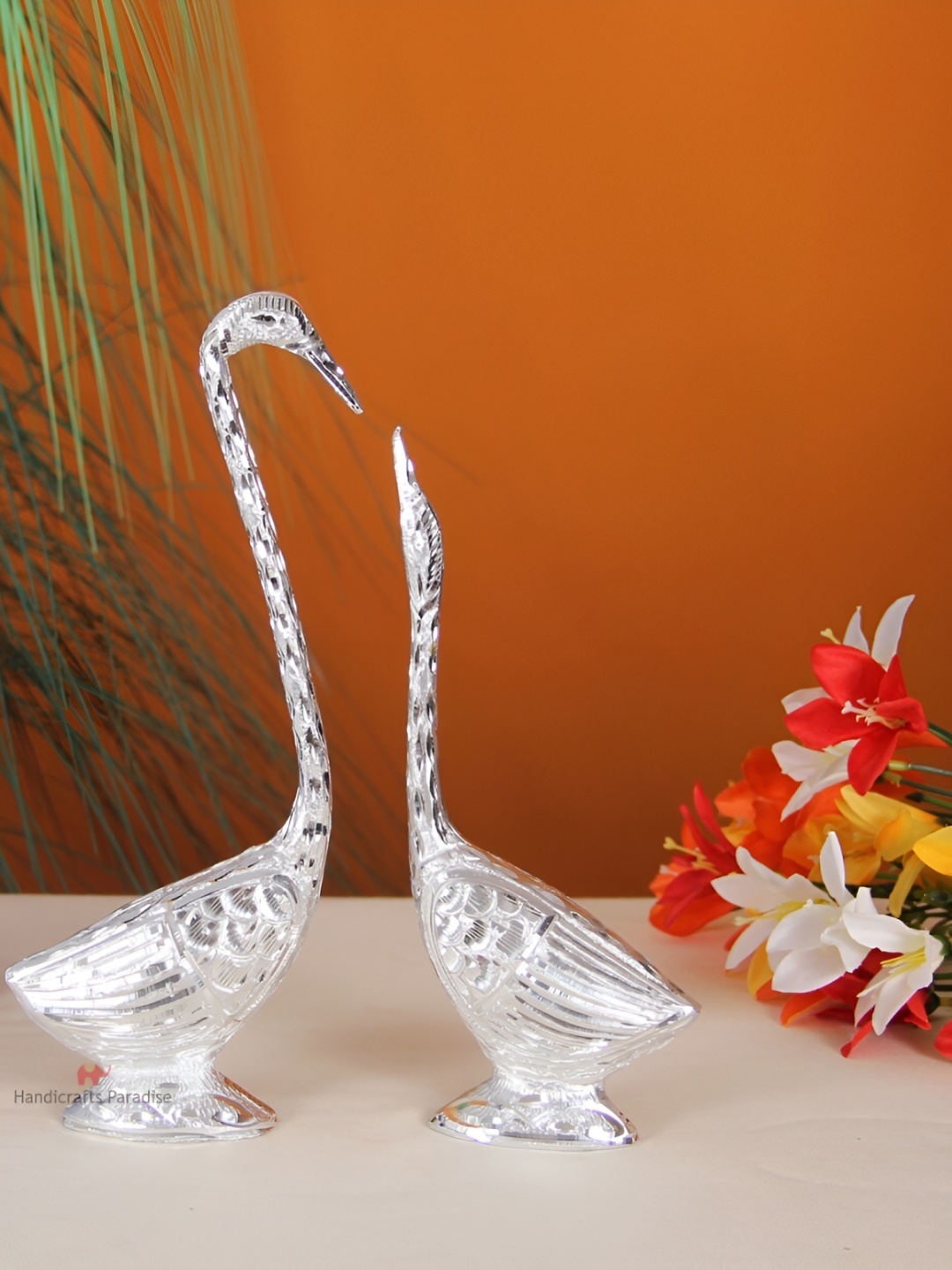 

HANDICRAFTS PARADISE Silver Toned 2 Pieces Animal Swan Metal Showpiece