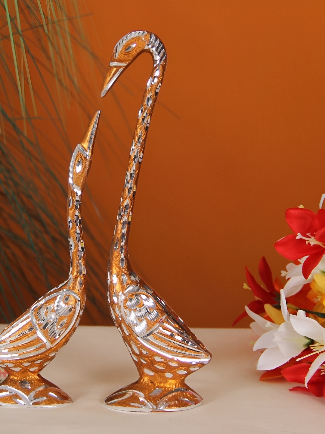 

HANDICRAFTS PARADISE Brown & Silver Toned 2 Pieces Animal Swan Metal Showpiece