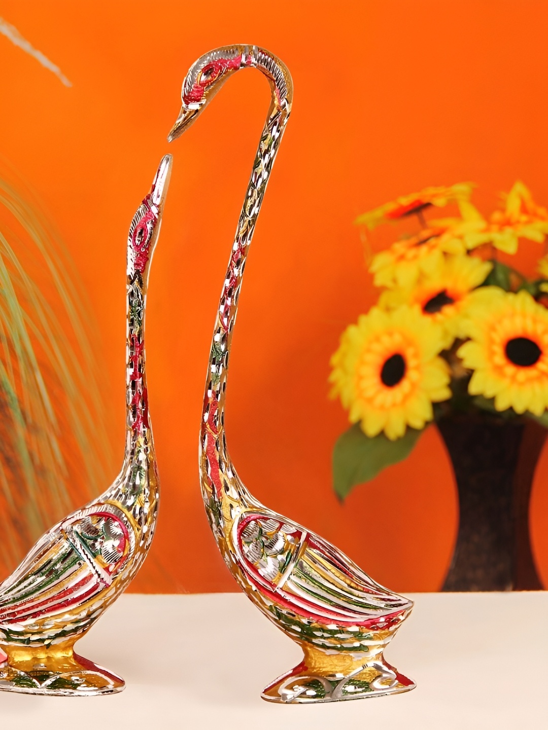 

HANDICRAFTS PARADISE Red & Yellow 2 Pcs Birds Metal Showpiece